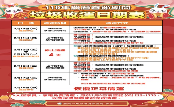 乾淨過好年 嘉市春節垃圾收運日期表出爐