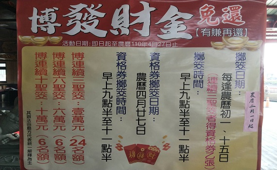 嘉義代天宮免費擲發財金 最高獎十萬