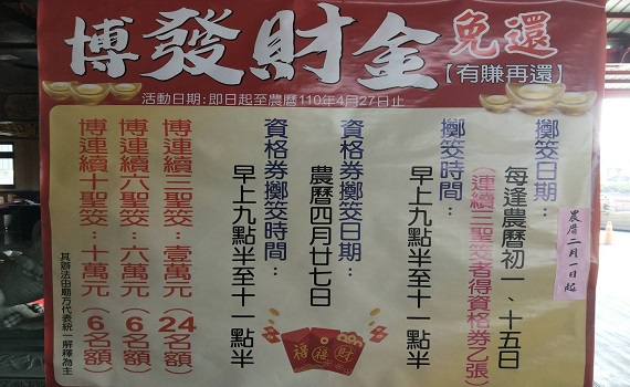 嘉義代天宮免費擲發財金 最高獎十萬 