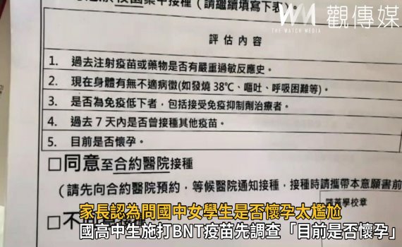 影／超尷尬！國高中生施打BNT疫苗先調查「目前是否懷孕」？ 