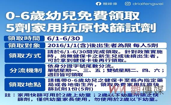 澎湖縣0-6歲兒童即日起可至澎湖28間藥局或衛生所免費領取快篩