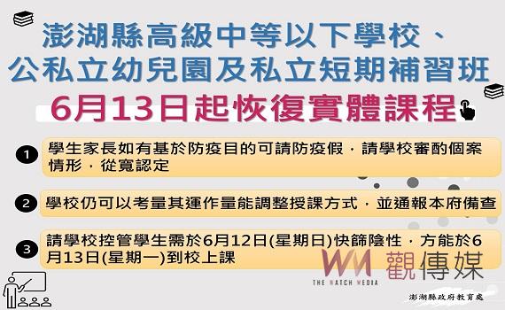 澎湖縣6月13日起恢復實體課程 學生必要時可請防疫假 在家線上學習