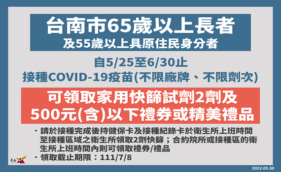 好康在這裡   台南市推出長者疫苗接種獎勵 