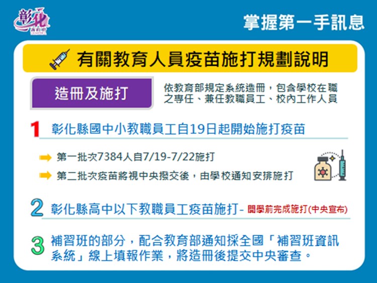 影／彰化國中小教職員工19日起開始施打疫苗 - https://www.watchmedia01.com