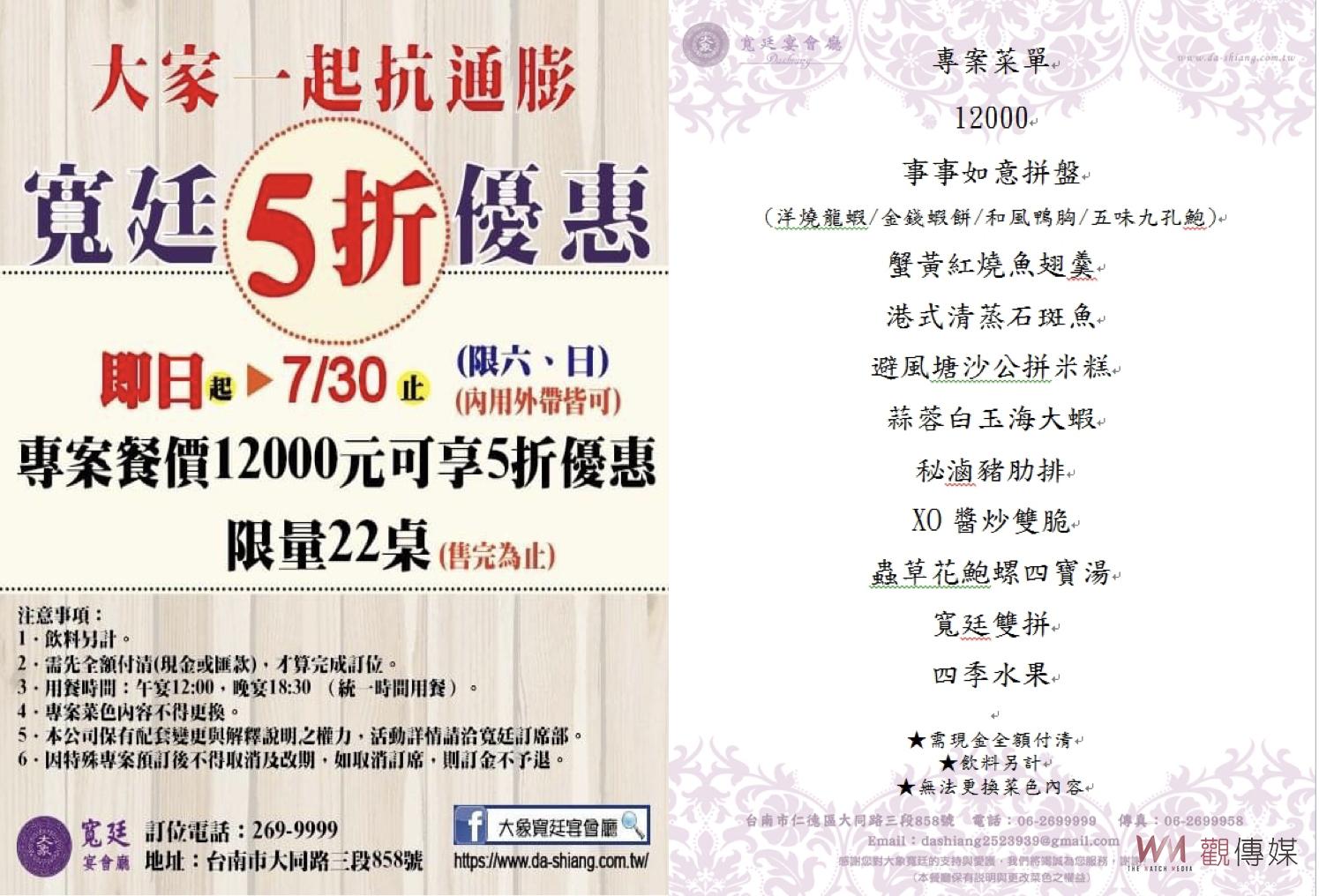 台南宴會廳業者祭「5折」吸客 限量22席售完為止 - https://www.watchmedia01.com