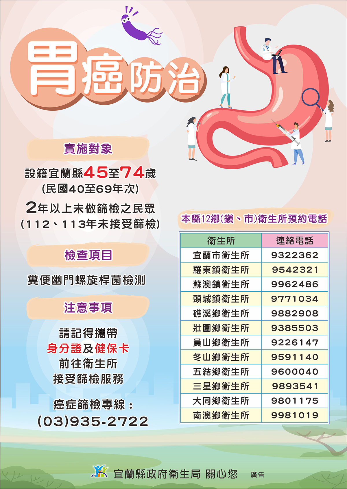胃癌免費篩檢！ 宜縣45至74歲2年以上未篩者把握機會 - https://www.watchmedia01.com