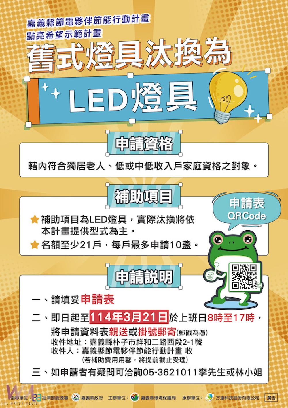 嘉義縣加碼汰換舊式燈具為LED ，申請期限延長。（圖/嘉義縣政府提供）