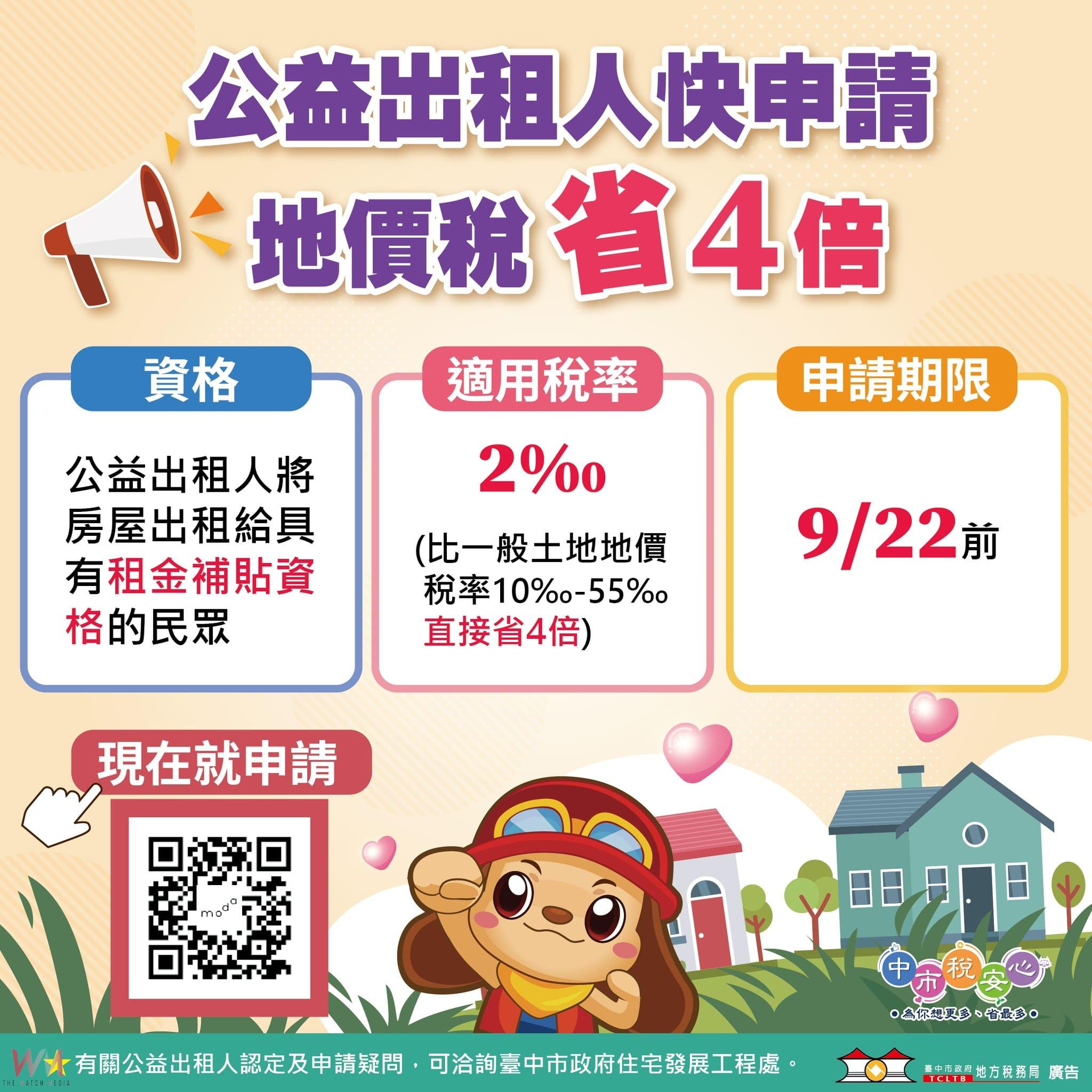 公益出租人地價稅立馬減4倍　中市地稅局提醒房東9/22前申請 - https://www.watchmedia01.com