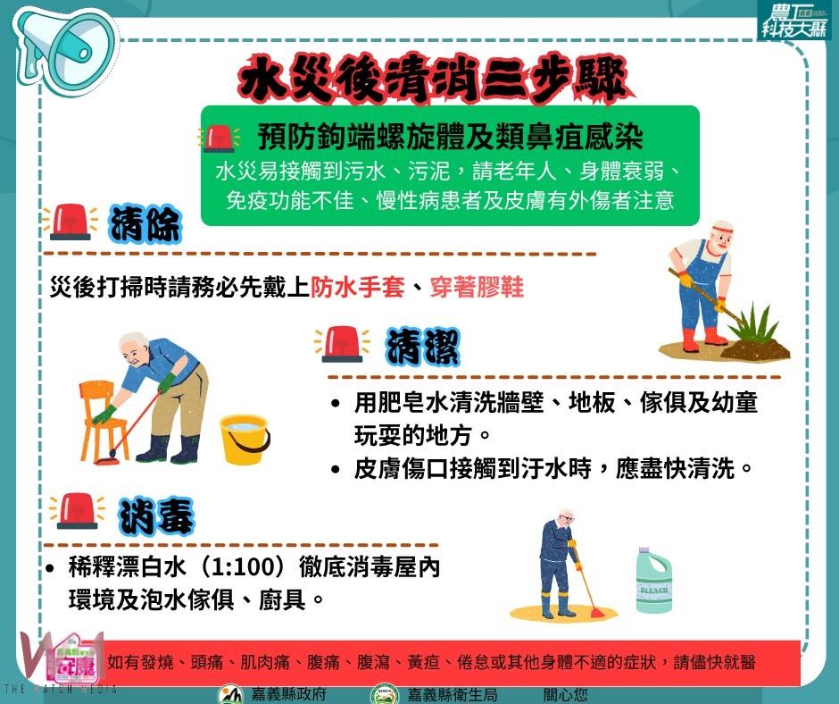 嘉義縣衛生局提醒民眾遵守「清除、清潔、消毒」3步驟，確保飲用水乾淨安全。（圖/嘉義縣政府提供）