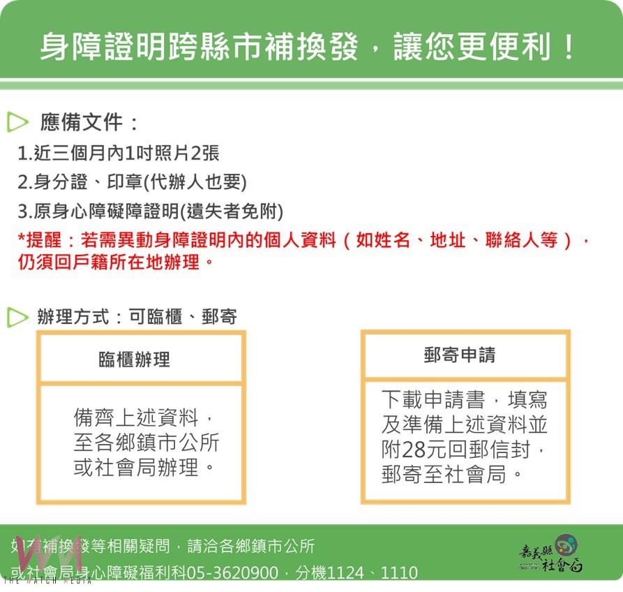 自即日起，身心障礙證明補換發作業，可就近跨區辦理。（圖/嘉義縣政府提供）