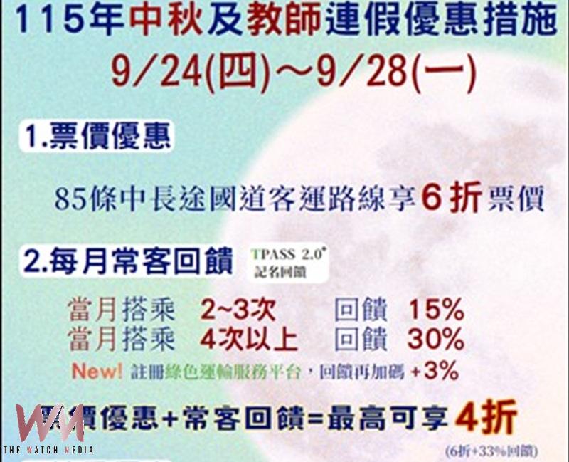 中秋節、教師節連假將至 公路局推出客運6折優惠與TPASS疊加折扣 聰明省錢迎連假 - https://www.watchmedia01.com