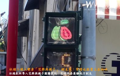 社頭芭樂、襪子「走上路口」 化身紅綠燈號誌，社頭鄉公所特別將芭樂與襪子圖騰導入行人號誌燈設計，鄉民說，社頭號誌太有哏。（記者陳雅芳攝）