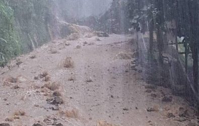 嘉義縣受西南氣流影響，30日山區發生豪大雨勢不斷，致道路多處出現落石及坍崩，致交通中斷，搶通中。（圖/嘉義縣政府提供）